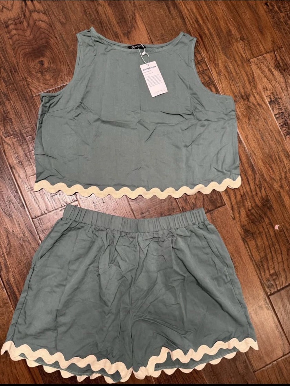 Women's Sage Green Scallop Trim Tank & Short Set -